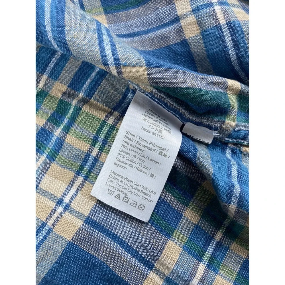 J.Crew Men's Blue Plaid Linen‎ Cotton Shirt Slim Fit Size L Short Sleeve